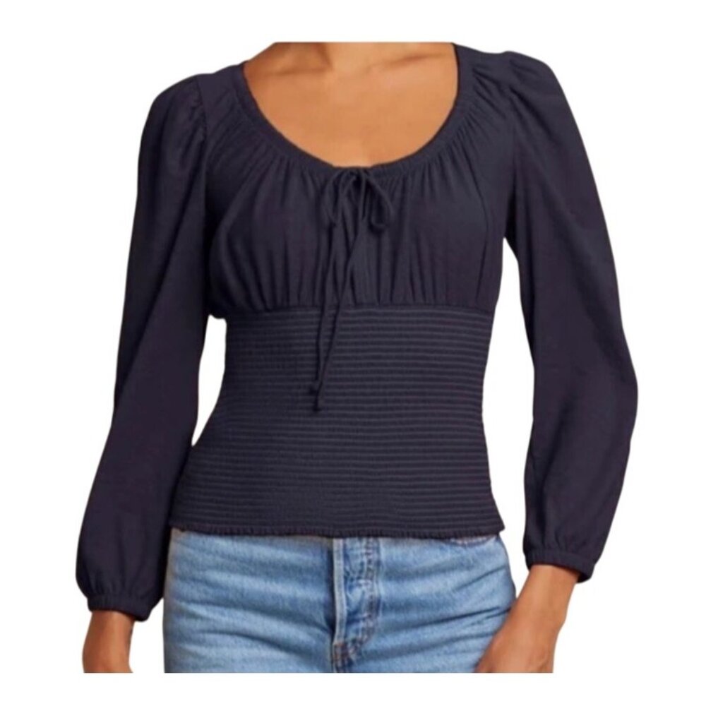 Nation Ltd Mavis Smocked Peasant Top Navy Long Sleeve 100% Pima Cotton S